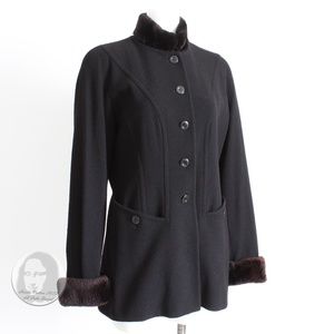 Escada Jacket Coat Black Wool Blend Removable Sheared Beaver Fur Trim Vintage 40